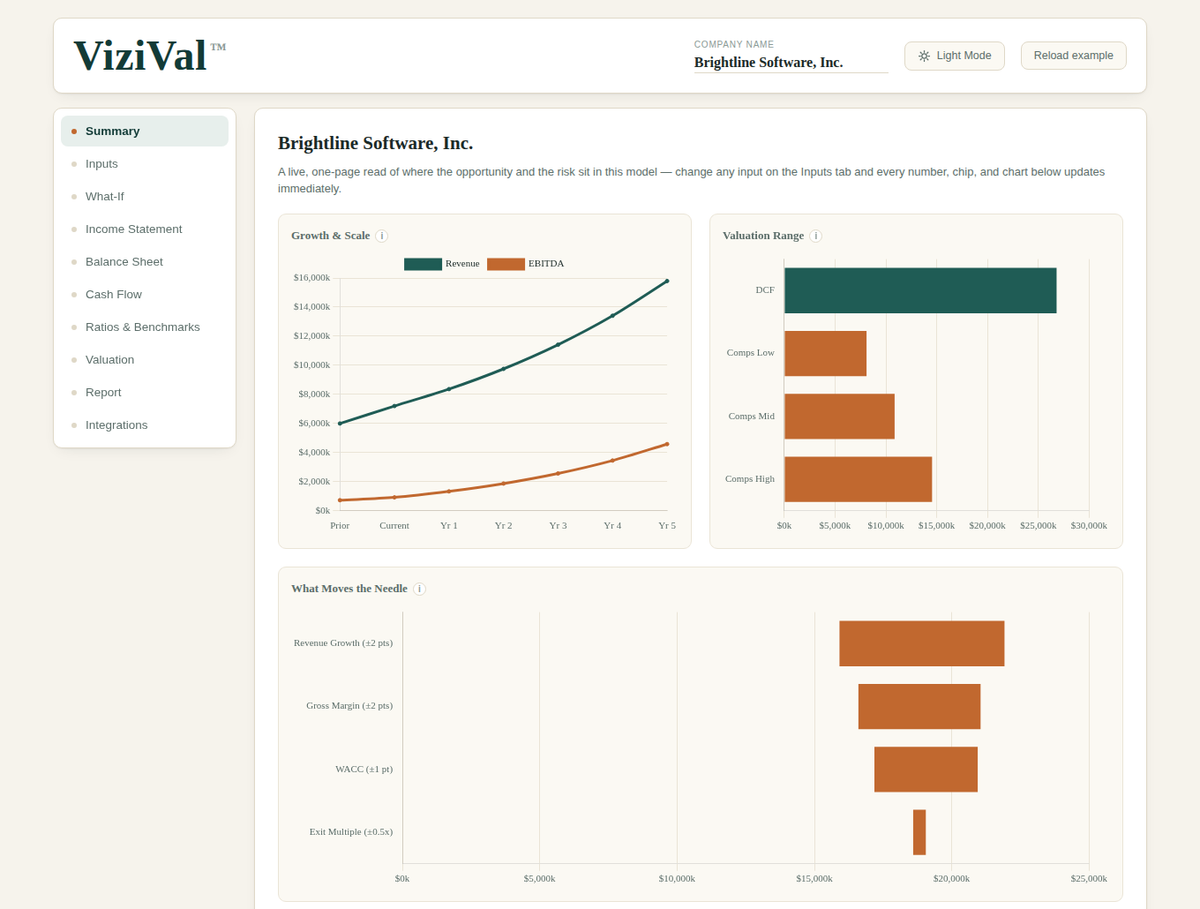 ViziVal Summary tab showing growth and scale, the valuation range, and the What Moves the Needle sensitivity chart highlighting the biggest opportunities and risks